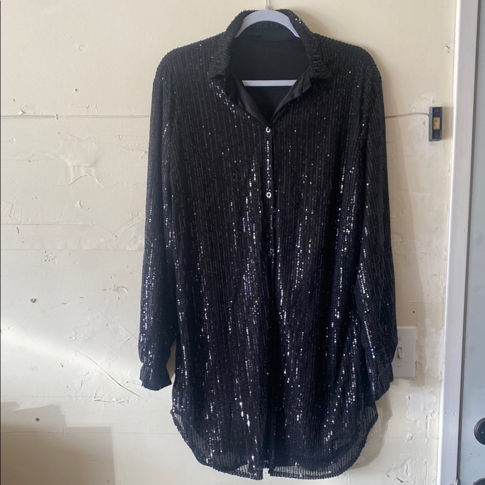 Black Sequin Button Down Shirt